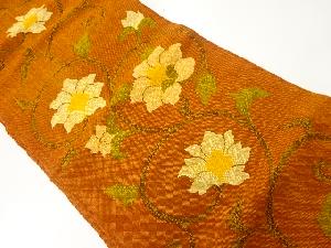 手織り紬花唐草模様織出し名古屋帯